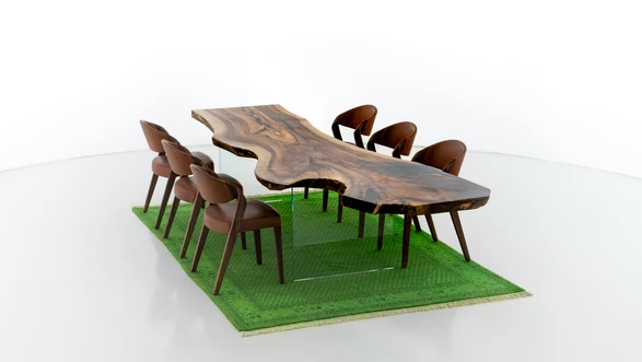 Tavolo da pranzo tronco d'albero di noce vista prodotto a 360°