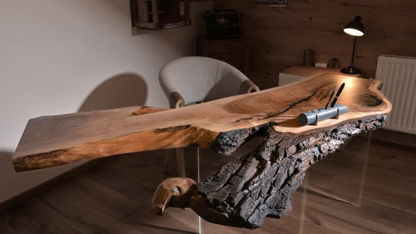 Natural wood desk from a tree trunk