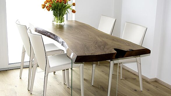 Natural wood dining table from a tree trunk